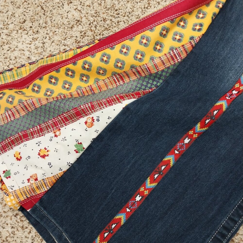 3783 Size 14W Maurices Upcycled Red and Gold Bell-Bottom Jeans. - Picture 3 of 8